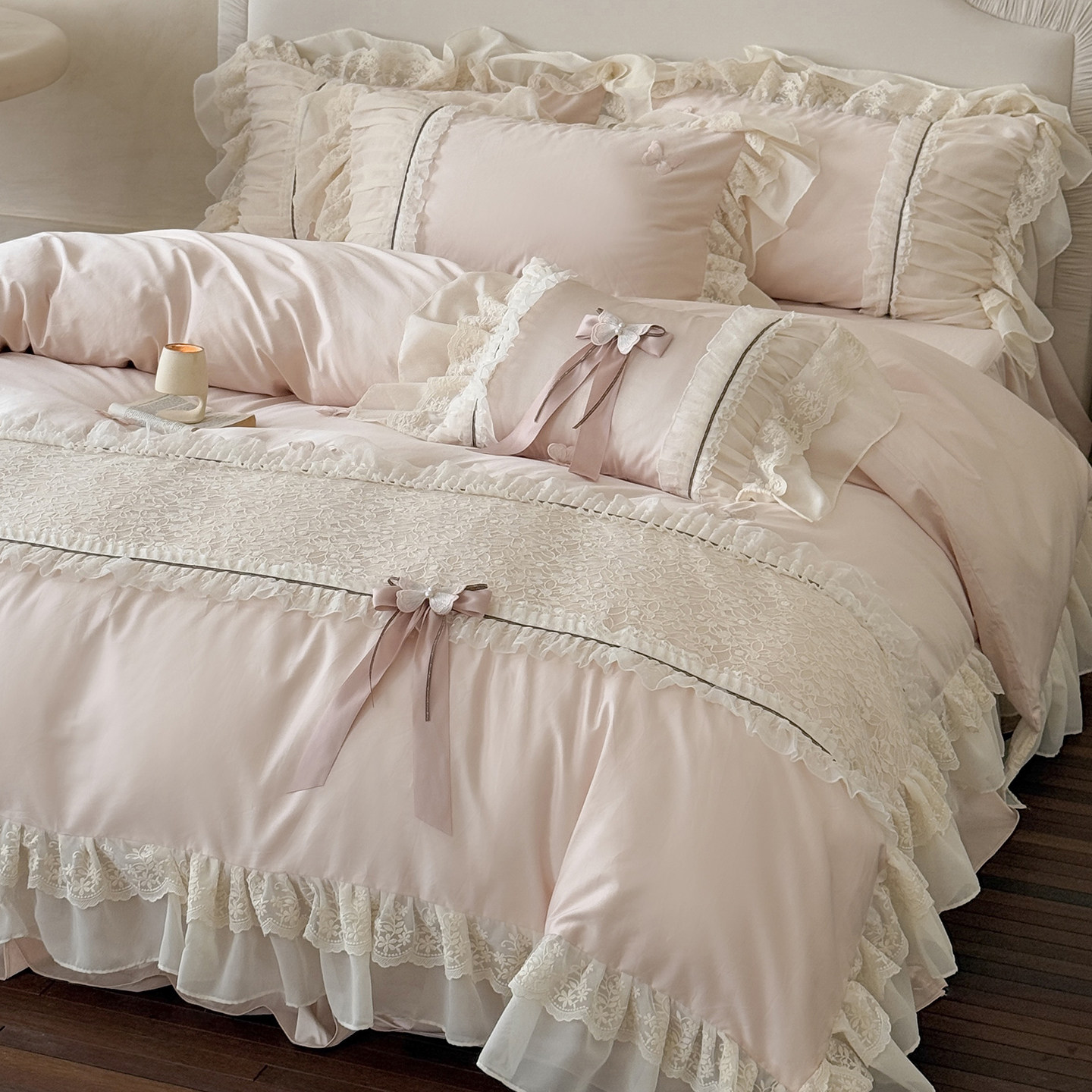 法式公主风粉色全棉长绒棉四件套刺绣蝴蝶结蕾丝纯棉被套床单床品