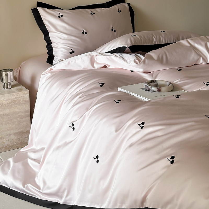 法式轻奢少女心粉色天丝棉四件套刺绣被套公主风床单床笠高端床品