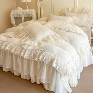法式 加绒牛奶绒四件套公主风珊瑚绒蕾丝被套保暖加厚仙女床裙 冬季