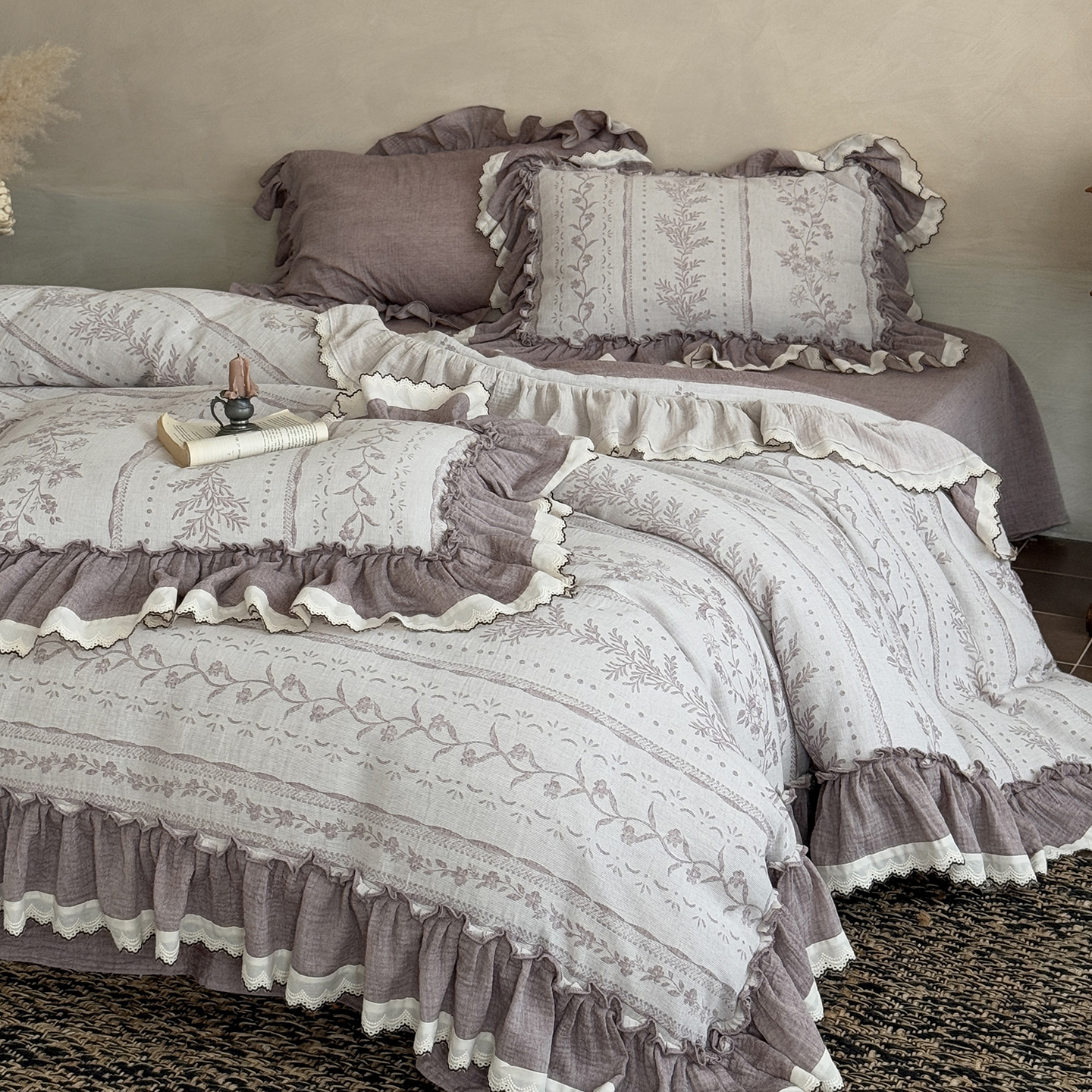 法式复古紫全棉提花双层纱四件套