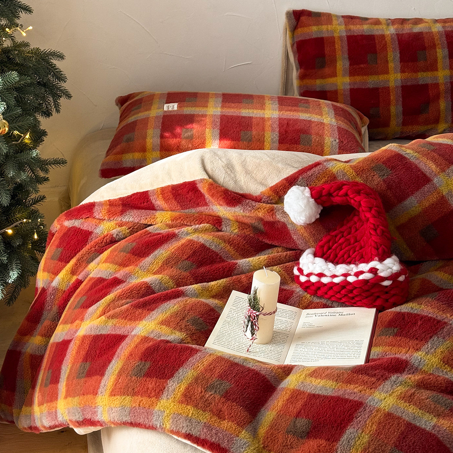 法式复古红色经典格子兔毛绒四件套牛奶绒被套床单保暖秋冬季床品