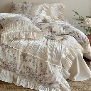法式秋冬复古高级婴儿绒四件套加厚加绒保暖琉璃纱边印花被套床单