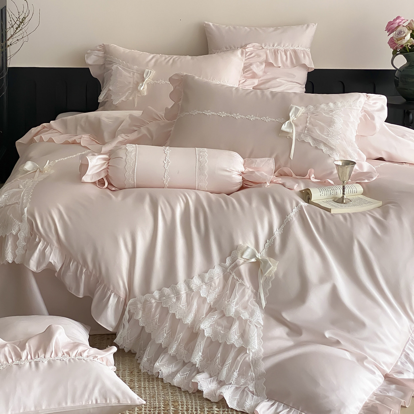 法式公主风浪漫粉全棉长绒棉四件套蕾丝花边纯棉被套床单四季床品,床上用品,床品套件/四件套/多件套,淘宝优惠券,粉丝福利购,淘宝优惠卷
