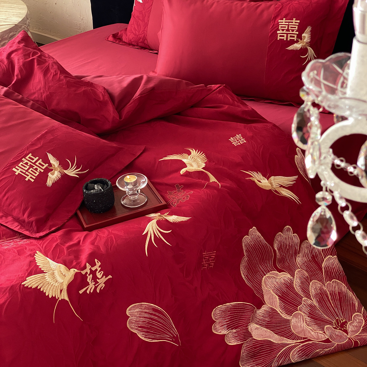 高档大红结婚厚织提花纯棉长绒棉四件套全棉被套床单床笠婚庆床品