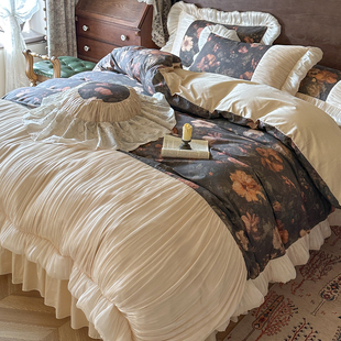 法式中古风印花全棉四件套床裙款纯棉琉璃纱被套公主风高级感床品