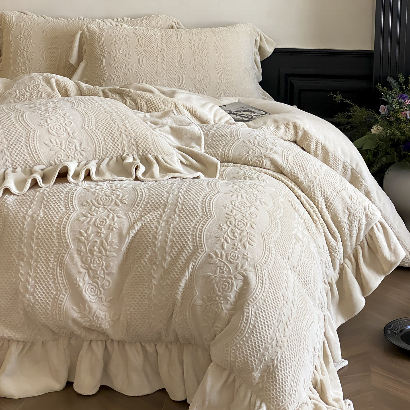 法式高端雕花加厚牛奶绒四件套保暖花边被套加绒床单冬季床上用品,床上用品,床品套件/四件套/多件套,淘宝优惠券,粉丝福利购,淘宝优惠卷