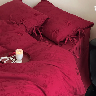 高档提花大红结婚纯棉四件套全棉绑带被套床单床笠结婚庆床上用品