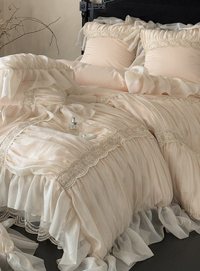 法式琉璃纱床盖款全棉长绒棉四件套公主风纯棉蕾丝边被套轻奢床单