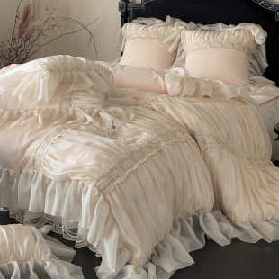 法式 全棉长绒棉四件套公主风纯棉蕾丝边被套轻奢床单 琉璃纱床盖款