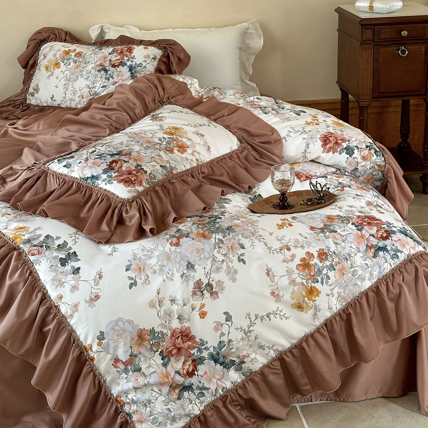 法式复古油画天丝棉四件套荷叶花边印花被套床单公主风少女心床品