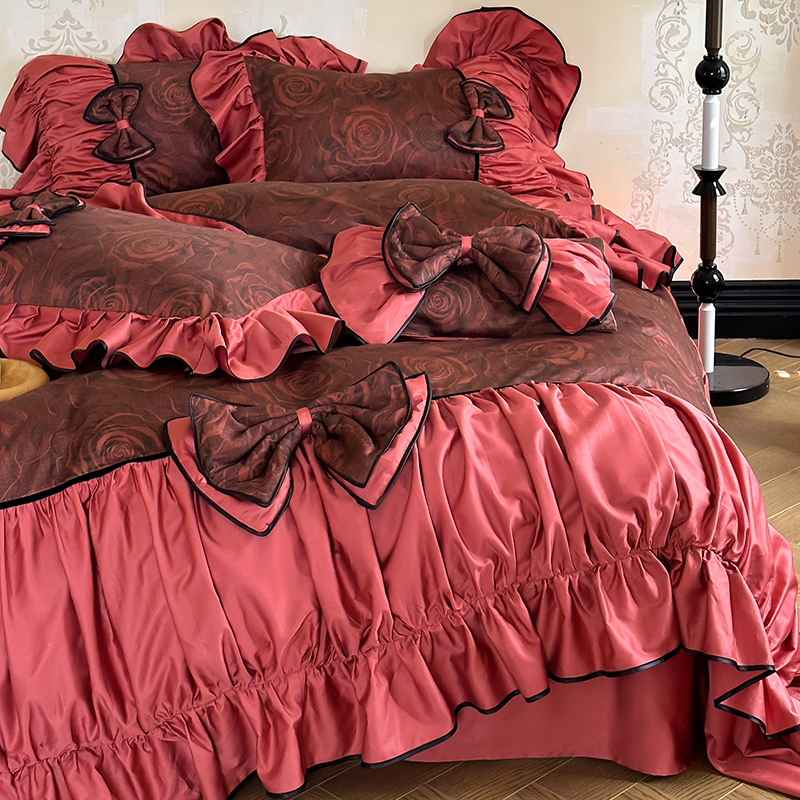 法式复古红玫瑰印花全棉四件套