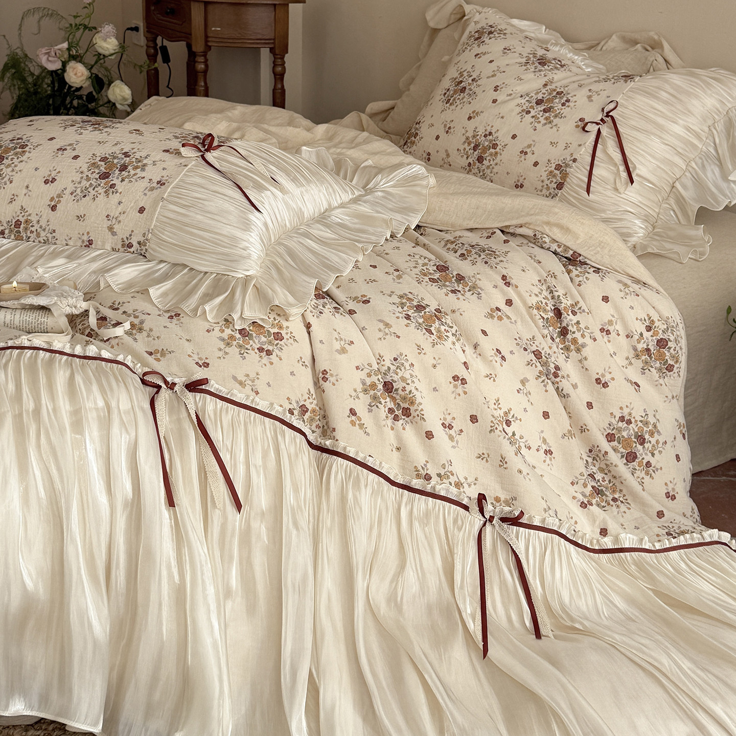 法式浪漫棉麻混纺四件套琉璃纱花边蝴蝶结被套高级感小众公主床品