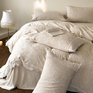 法式中古风提花亚麻四件套棉麻全棉蕾丝花边被套四季通用复古床品