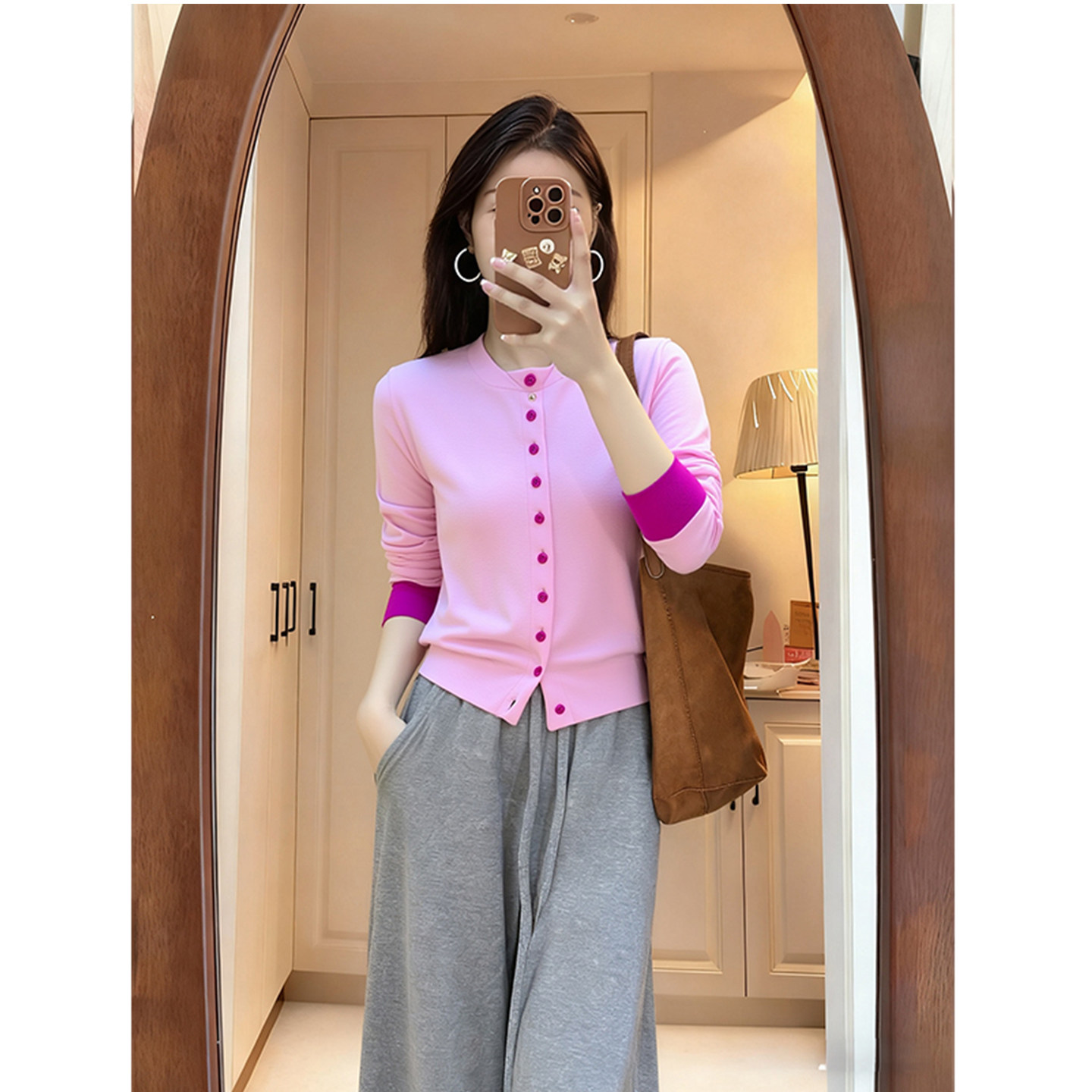 2026春秋长袖撞色开衫针织上衣女圆领修身显瘦减龄百搭薄款打底衫