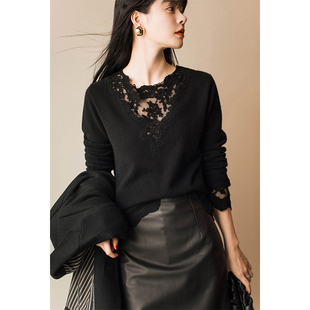 针织衫 心尖美物 V领毛衣长袖 女春秋新款 上衣 重工蕾丝绣花纯羊毛衫