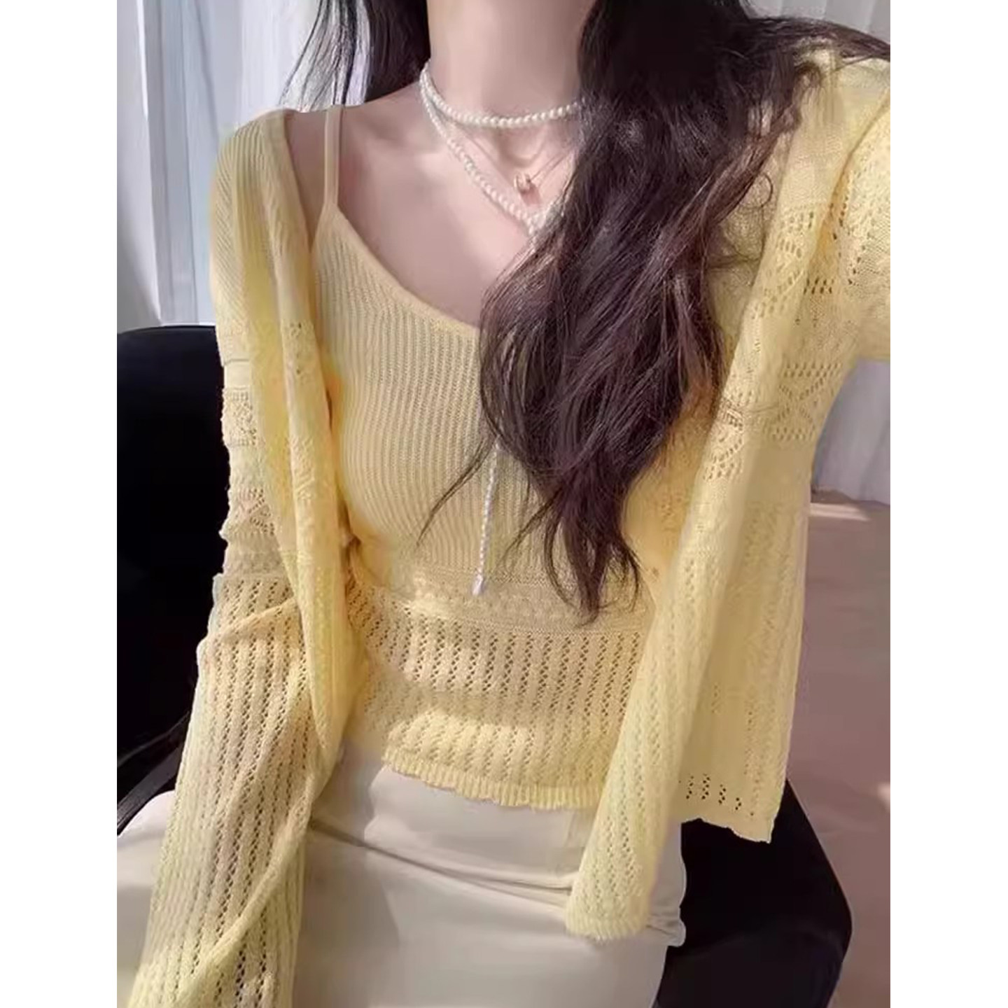 钩花镂空莱赛尔针织开衫女薄款外搭小罩衫亚麻吊带防晒两件套上衣