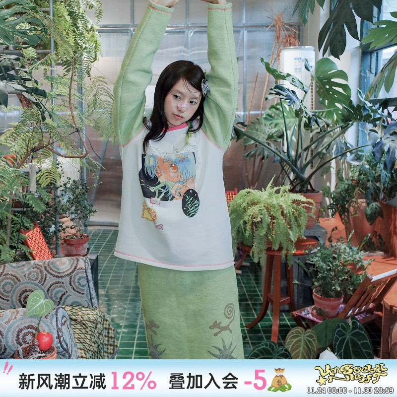 UnsocialNight原创设计秋冬奥莉蛙oliwa联名插画印花羊毛卫衣套装