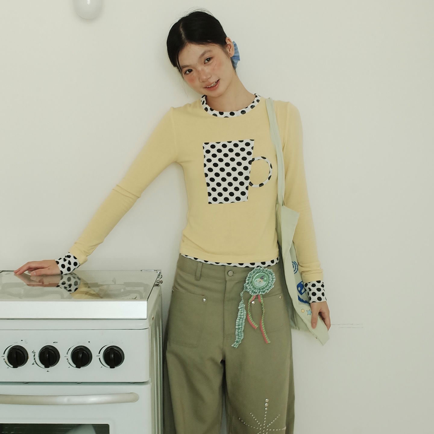 UnsocialNight波点拼接打底T恤