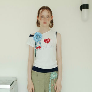 UnsocialNight夏季斜肩无袖可爱樱桃爱心印花假两件T恤上衣女