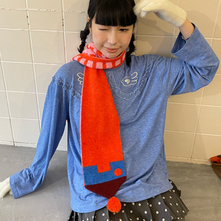 UnsocialNight冬季原创设计双面格纹可爱针织拼接保暖羊毛围巾女