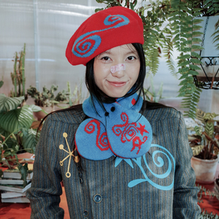 UnsocialNight原创秋冬百搭复古波点针织围巾双面套装贝雷帽女