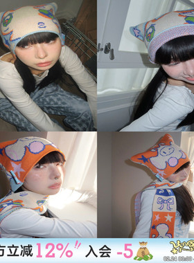 UnsocialNight 插画师奥莉蛙联名插画猫耳针织帽护耳秋冬毛线帽