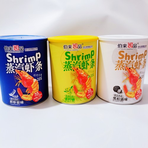 伯来良品蒸汽虾条黑松露味青柠味鲜虾原味120g/罐网红休闲零食