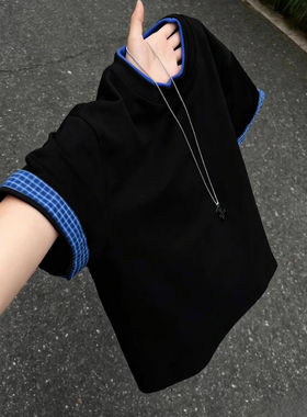 美式撞色拼接格子t恤男款夏季