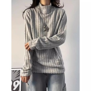 灰色立体条纹长袖t恤男女秋冬半高领加绒卫衣慵懒宽松内搭打底衫
