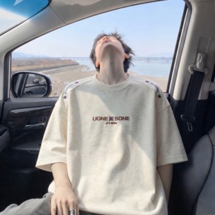 潮牌砂洗民族风圆领短袖男夏美式设计感情侣T恤复古刺绣运动上衣