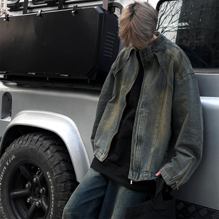 美式复古水洗黄泥染蓝色立领牛仔夹克男款痞帅宽松拉链外套上衣潮