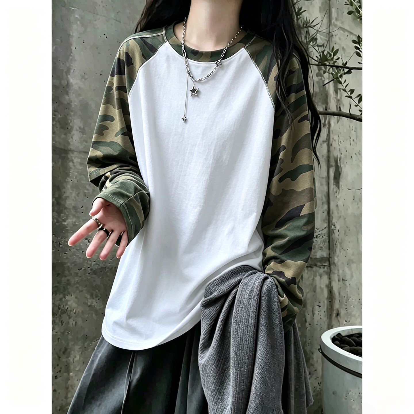 cleanfit美式迷彩拼接长袖t恤男女秋季宽松圆领打底衫小领口卫衣