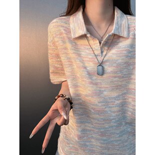 小香风情侣polo衫 男女夏季 软糯慵懒风七彩针织海鸥领半袖 t恤 短袖