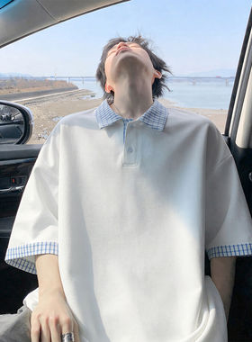 格子拼接POLO衫短袖男夏季青少年