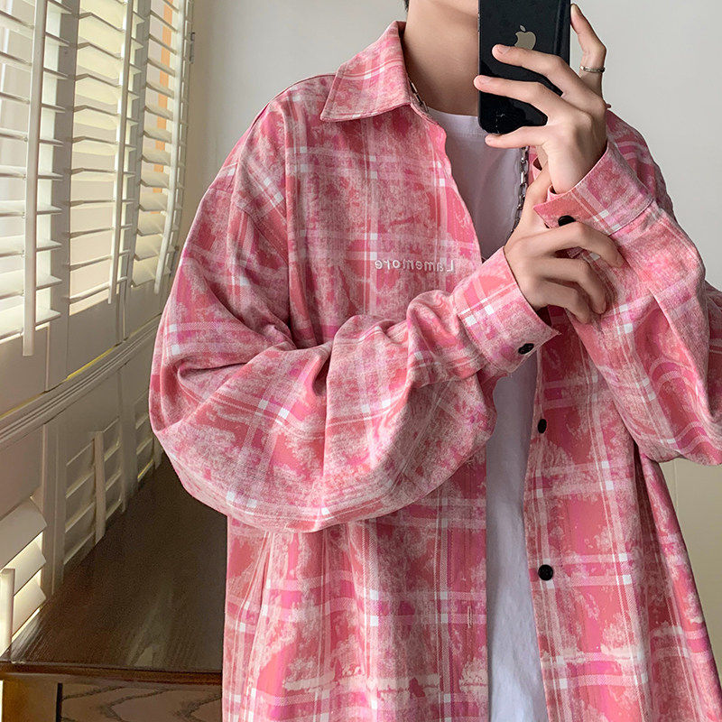 粉色格子小众长袖衬衫男秋季扎染刺绣潮牌衬衣美式高街学院风外套,男装,衬衫,淘宝优惠券,粉丝福利购,淘宝优惠卷