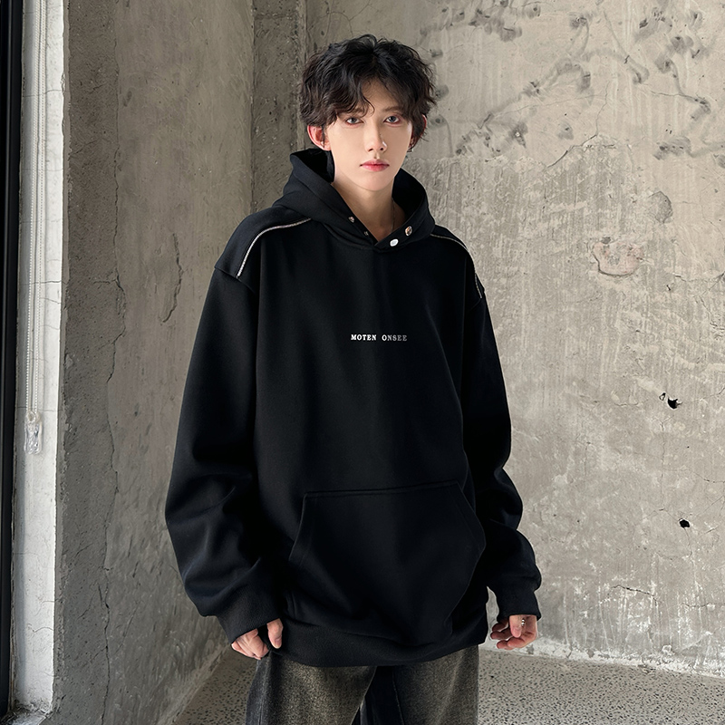 美式高街纽扣设计卫衣男秋冬加绒