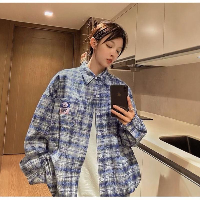 扎染贴标格子衬衫男秋季新款复古