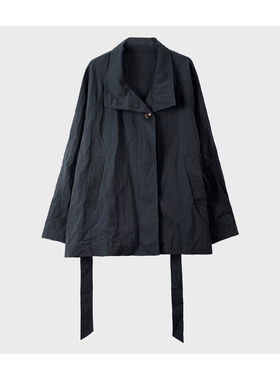 简约风立领短款风衣外套女宽松显瘦百搭纽扣藏青色极简风