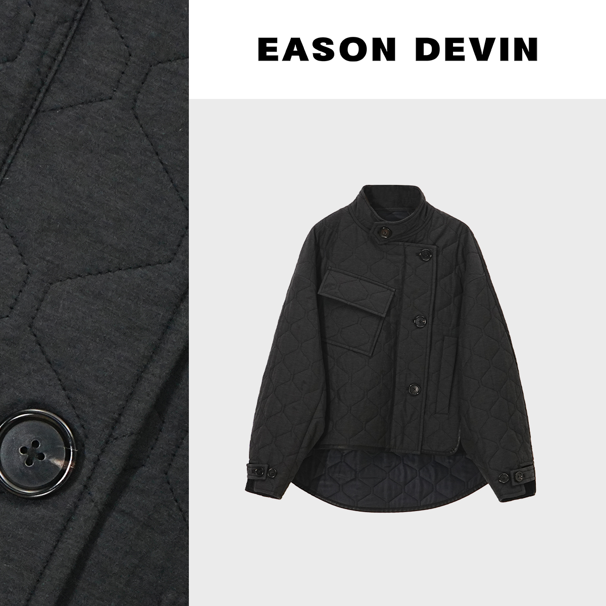 藏青色菱形格夹棉外套女2025新款棉服宽松洋气减龄短款百搭上衣