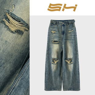老爹直筒长裤 百搭高腰乞丐阔腿裤 女宽松春夏薄款 破洞牛仔裤