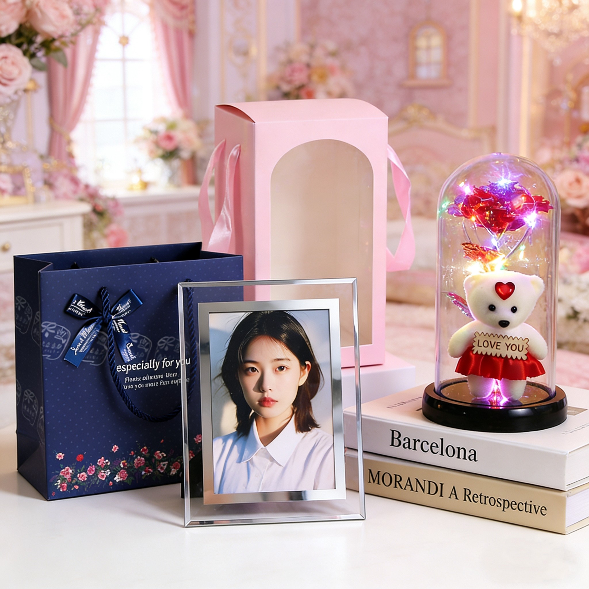 LED灯圣诞树永生玫瑰花小熊礼品创意个性定制照片情人节生日礼物