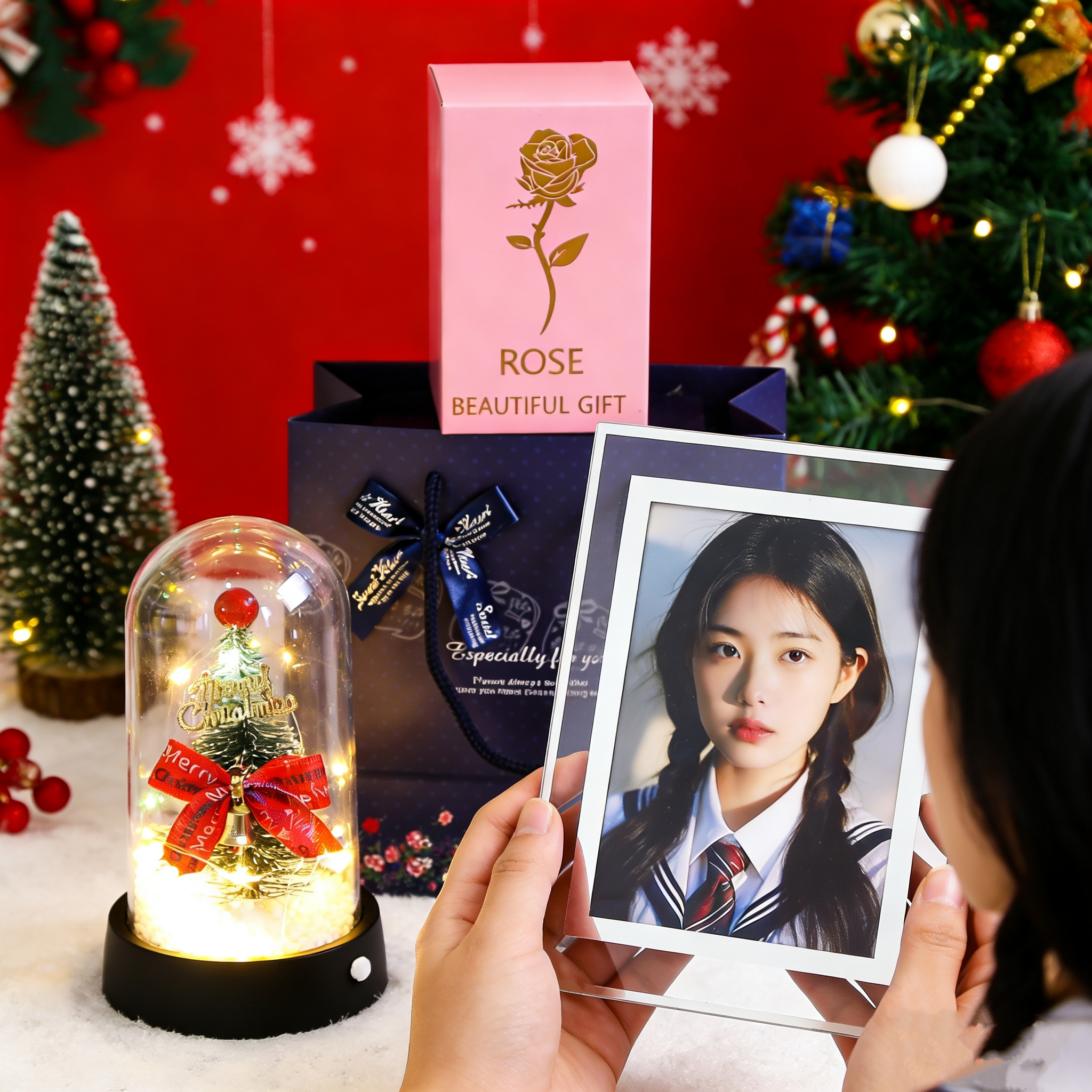 LED灯圣诞树永生玫瑰花小熊礼品创意个性定制照片情人节生日礼物