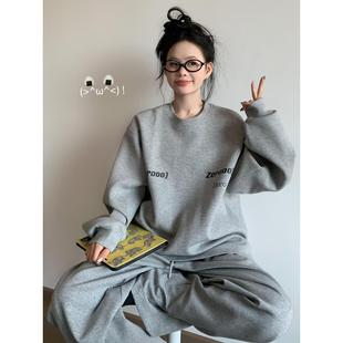 两件套 休闲运动服套装 女春秋冬季 韩版 学生宽松圆领加绒卫衣阔腿裤