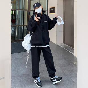 两件套 美式 运动服套装 女秋冬季 休闲纯棉加绒学生宽松卫衣束脚卫裤