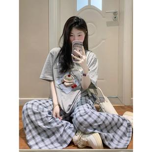 T恤阔腿格子裤 时尚 女纯棉短袖 夏季 简约百搭休闲两件套 运动服套装