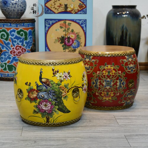 现代中式鼓凳复古实木牛皮彩绘客厅凳子沙发茶台圆凳换鞋凳古筝凳