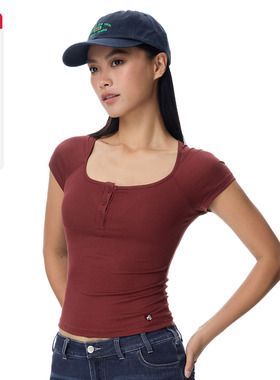 ABMY 美式辣妹纯色大U领薄款排扣短袖t恤女修身正肩通勤气质上衣