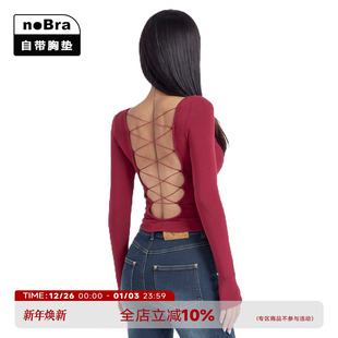 显瘦打底长袖 noBra 辣妹露背绑带T恤百搭大方领修身 ABMY 上衣