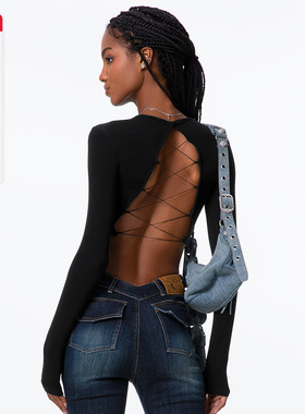 noBra by ABMY 后背镂空绑带BabyT性感露背辣妹带胸垫长袖T女