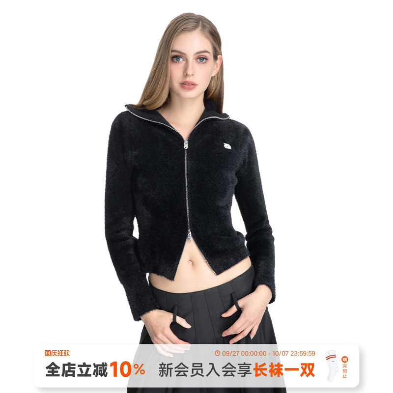 ABMY 辣妹双拉链灰色针织开衫外套女修身显瘦环保水貂毛长袖上衣